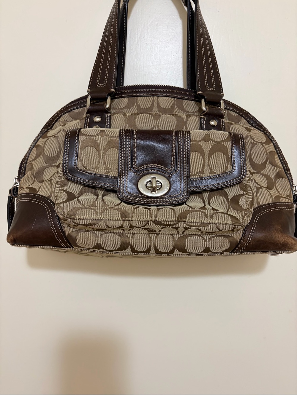 Coach Khaki Canvas and Brown Leather Satchel